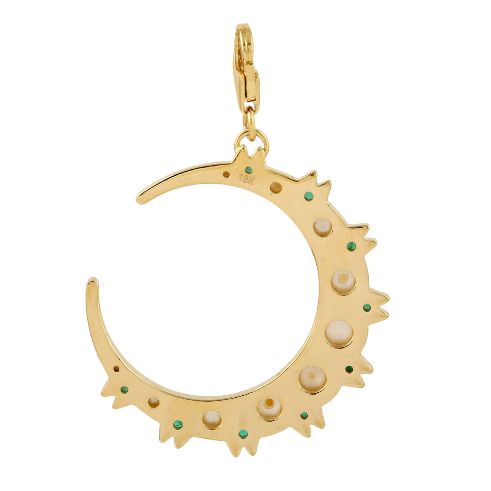 Pearl Emerald Gemstone Crescent Moon Pendant In 18k Yellow Gold