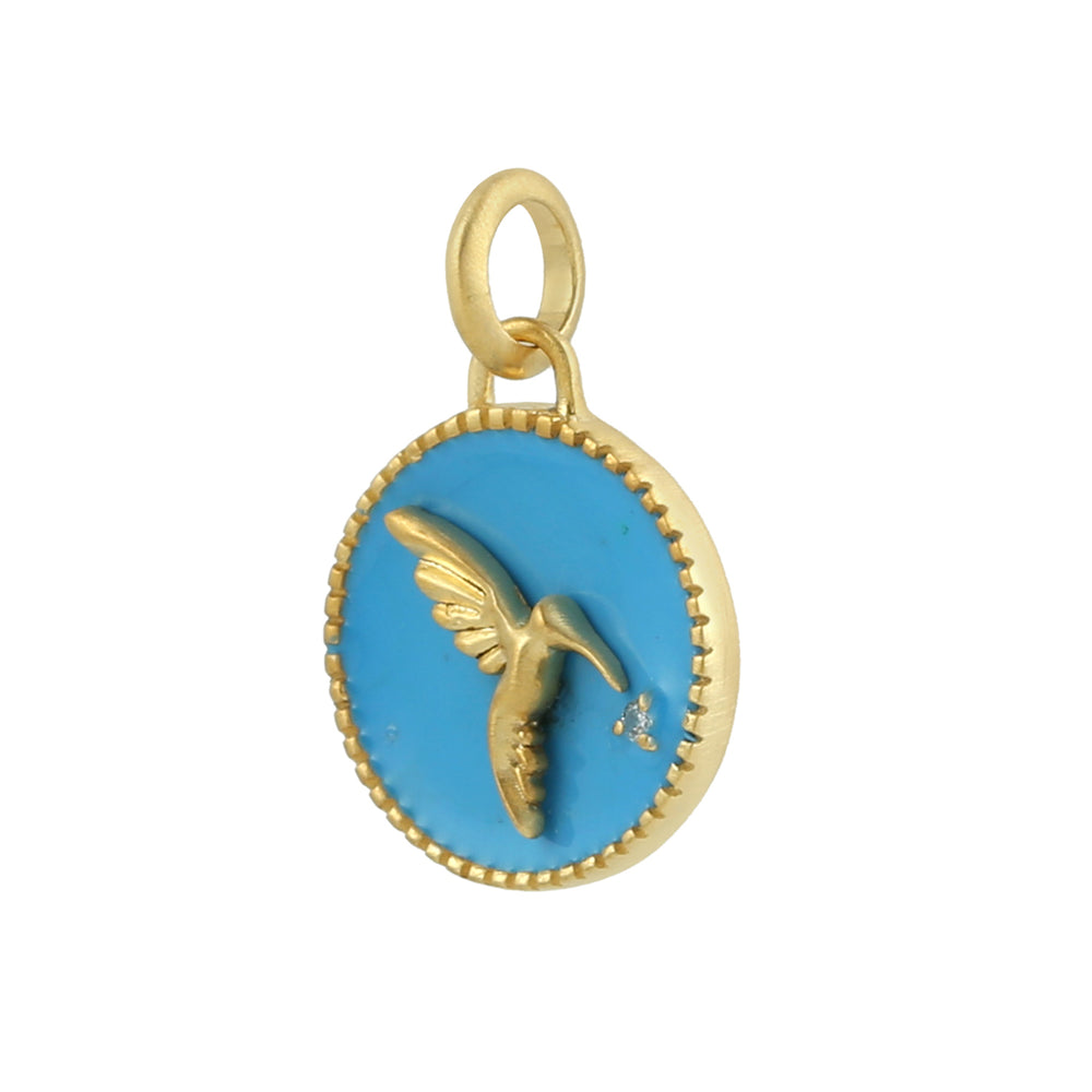 Natural Diamond In 14k Yellow Gold Hummingbirds Charm Enamel Jewelry