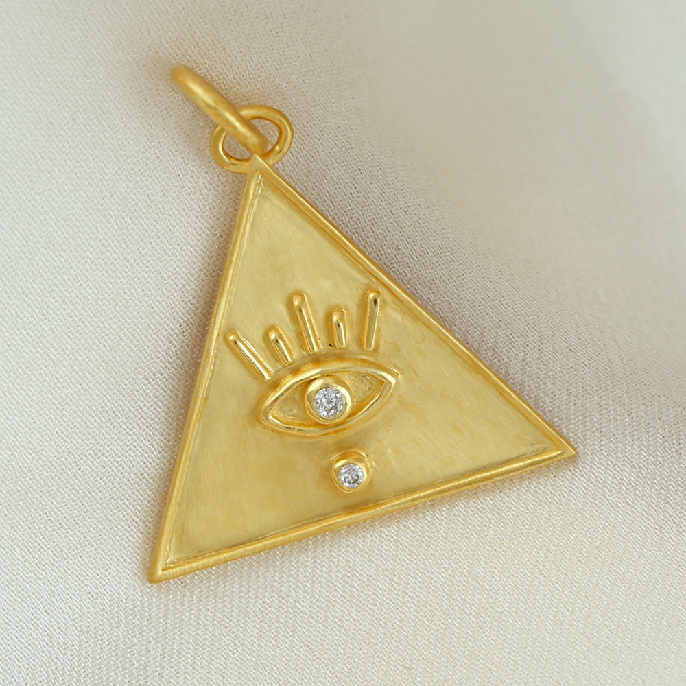 14k Yellow Gold Bezel Set Diamond Evil Eye And Triangle Pendant For Her