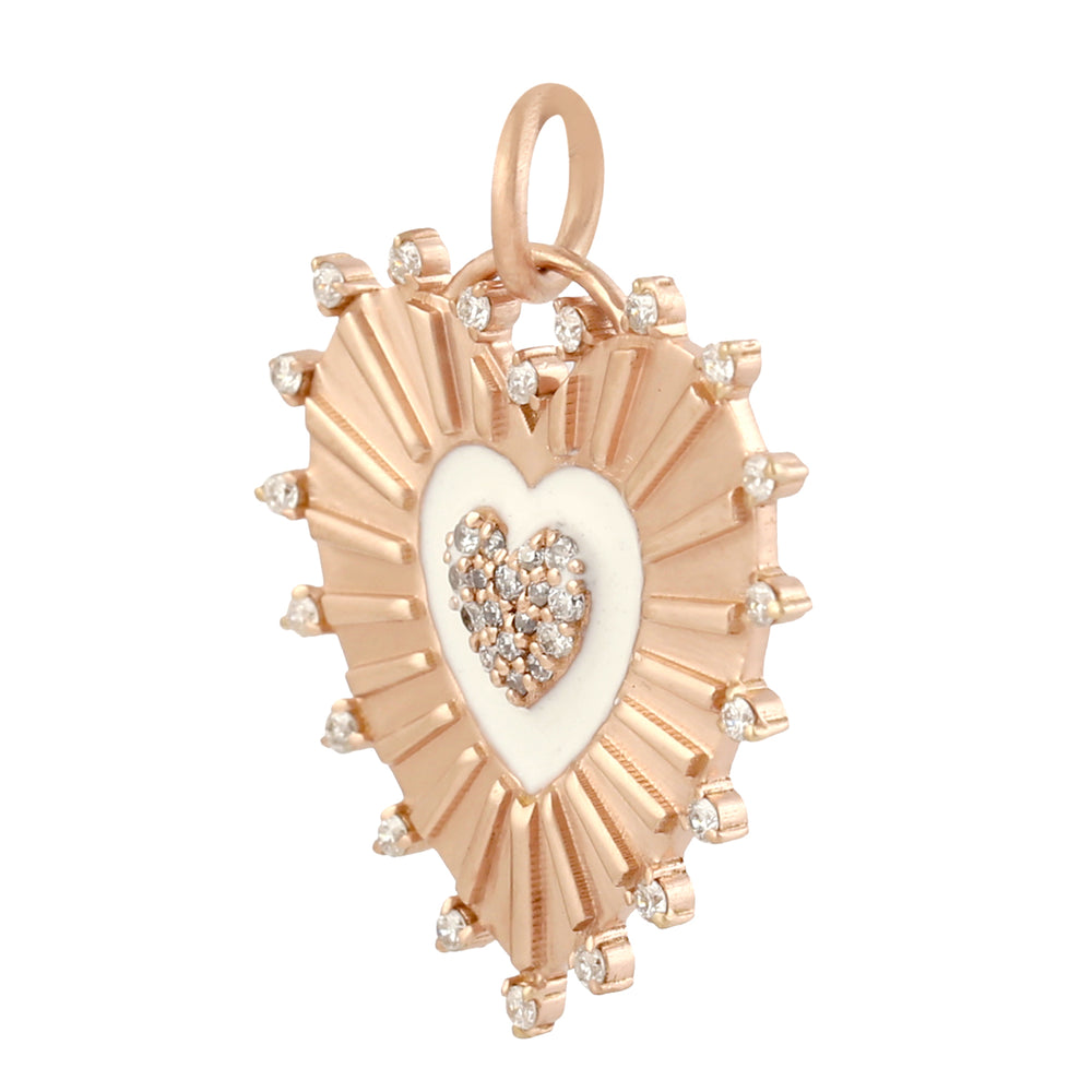 14K Rose Gold Prong Set Diamond Enamel Heart Shape Pendant For Valentine Gift