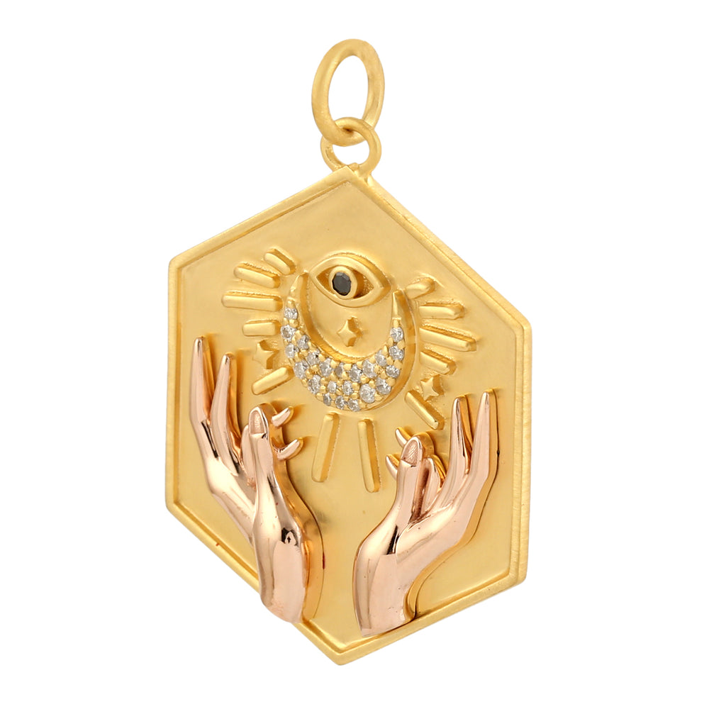 Pave Diamond Half Moon & Evil Eye Two Hand Pendant In 14k Yellow Rose Gold