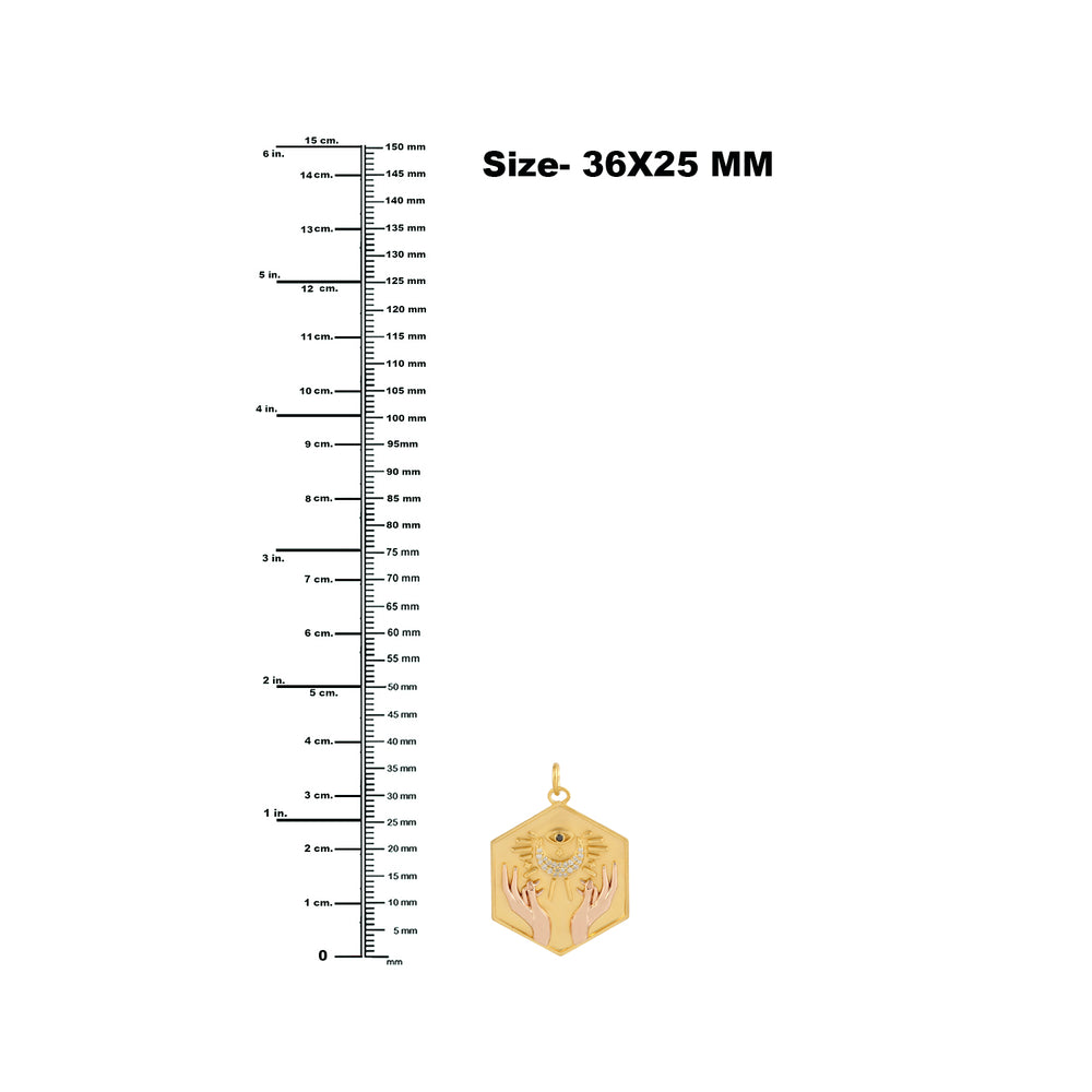 Pave Diamond Half Moon & Evil Eye Two Hand Pendant In 14k Yellow Rose Gold