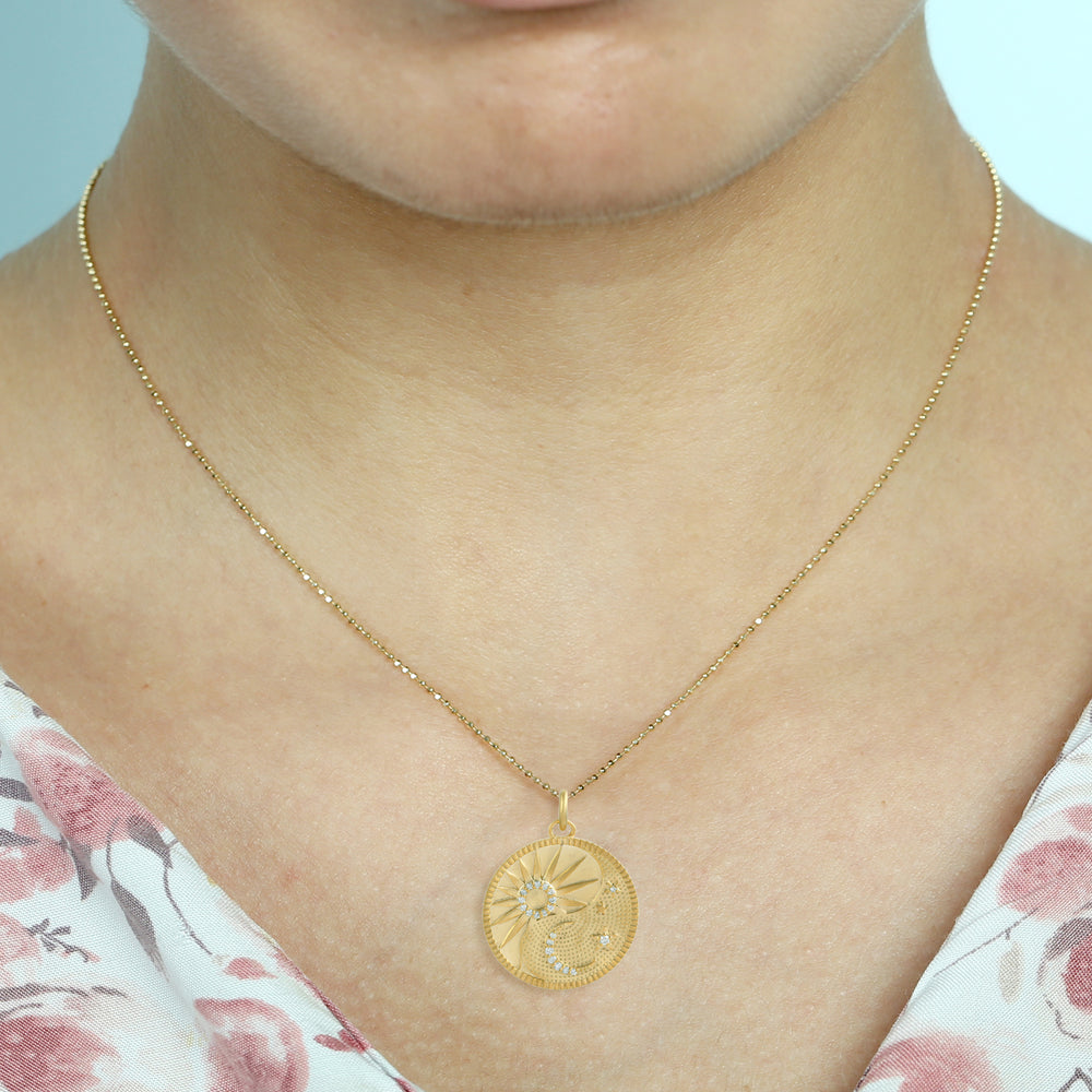14k Yellow Gold Crescent Moon Sun And Star Pendant Pave Diamond