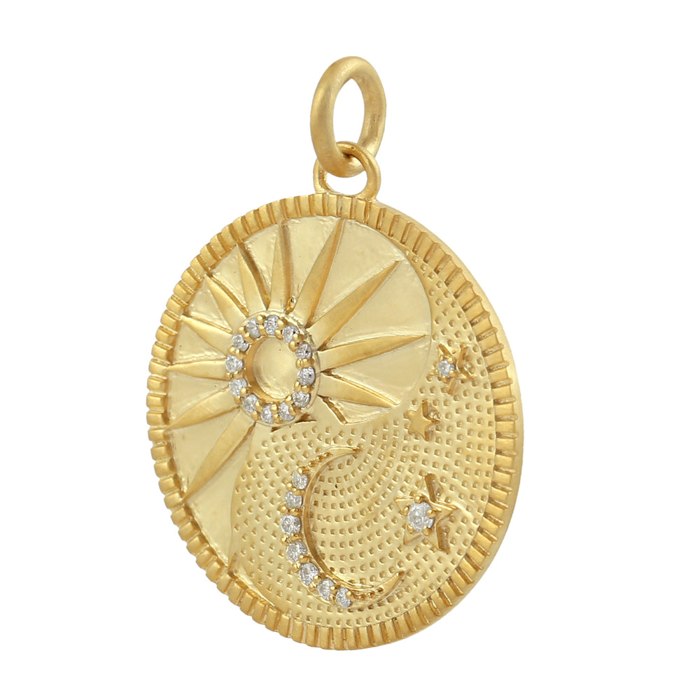 14k Yellow Gold Crescent Moon Sun And Star Pendant Pave Diamond
