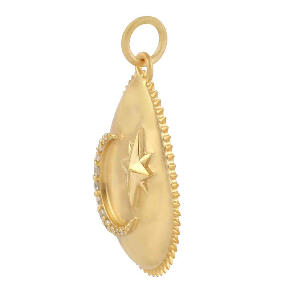 14K Yellow Gold Pave Diamond Crescent Moon Star Drop Pendant