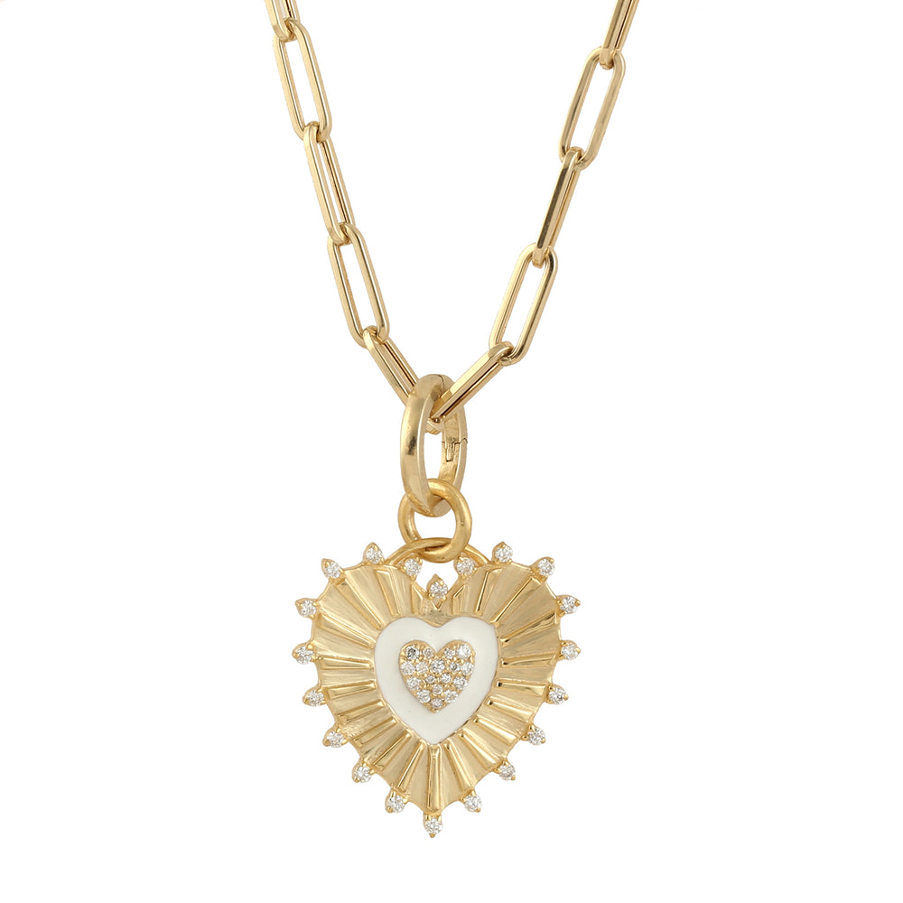 Micro Pave Heart Enamel Pendant In 14k Yellow Gold Handmade Gift