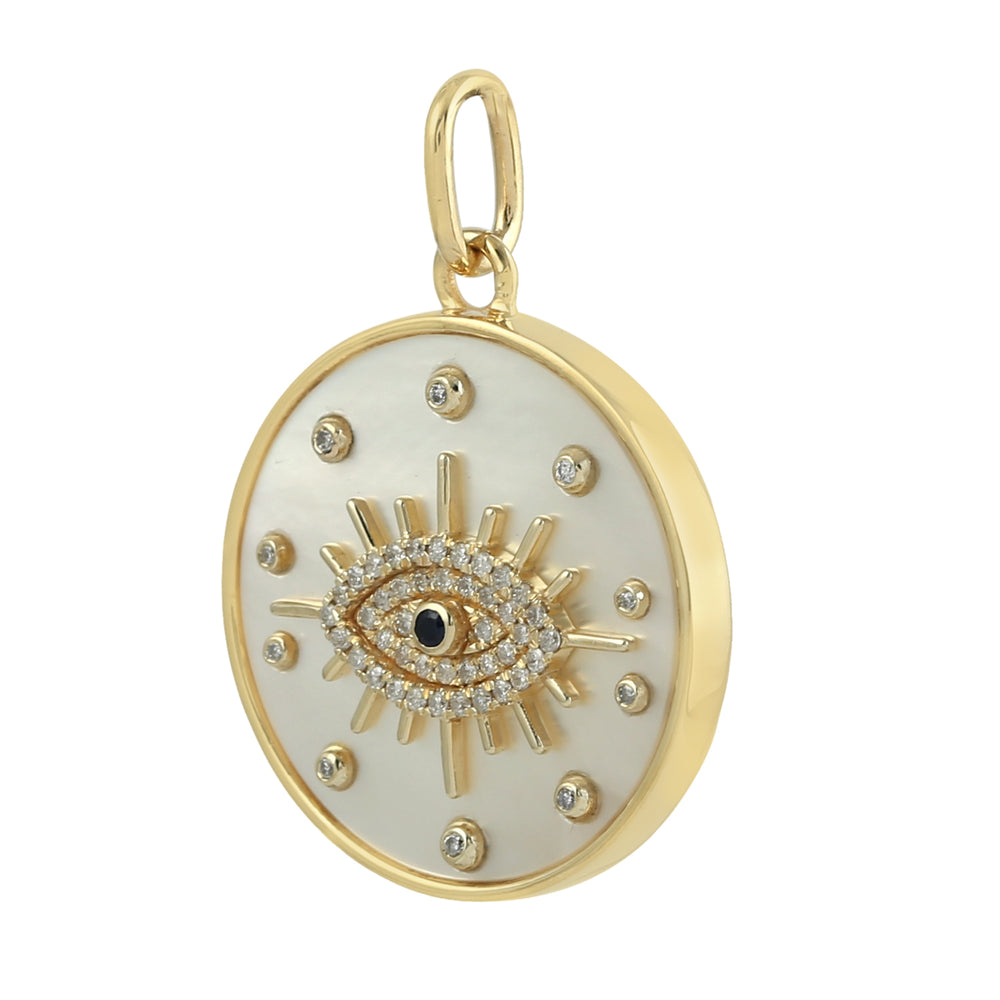 Blue Sapphire Pave Diamond Bezel Mop Evil Eye Pendant In 14k Yellow Gold