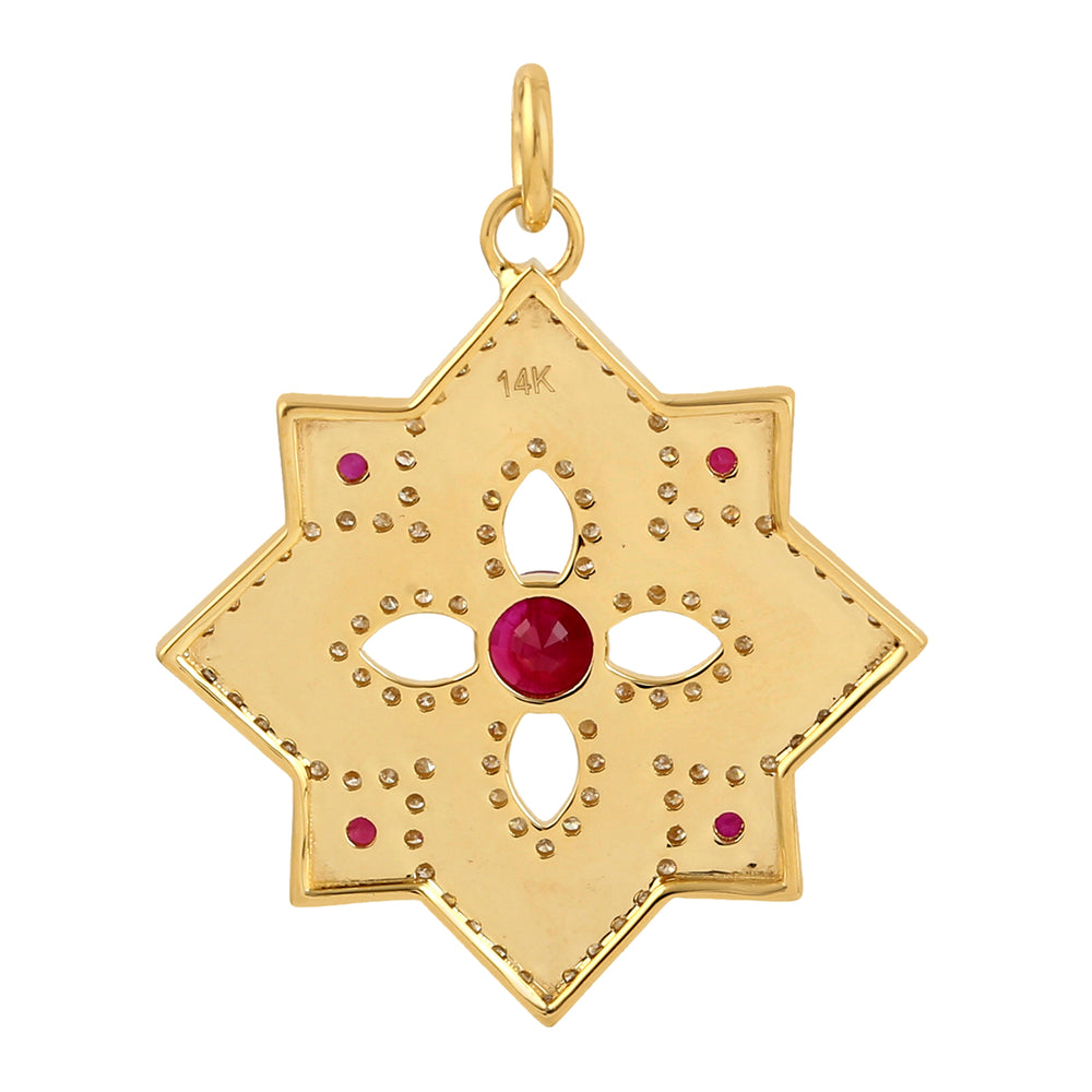 Ruby July Birthstone Pave Diamond Floral Pendant In 14k Yellow Gold