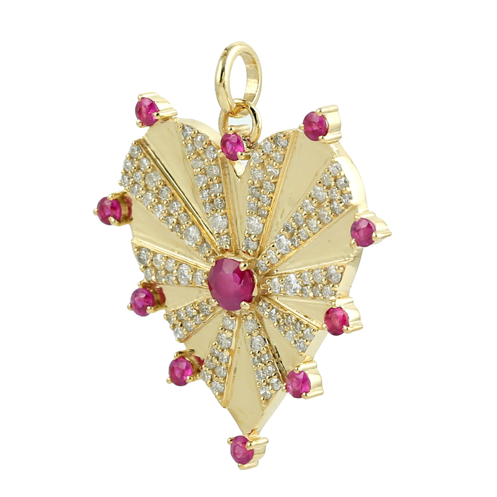 Ruby July Birthstone Pave Diamond Heart Pendant In 14k Yellow Gold For Love Gift