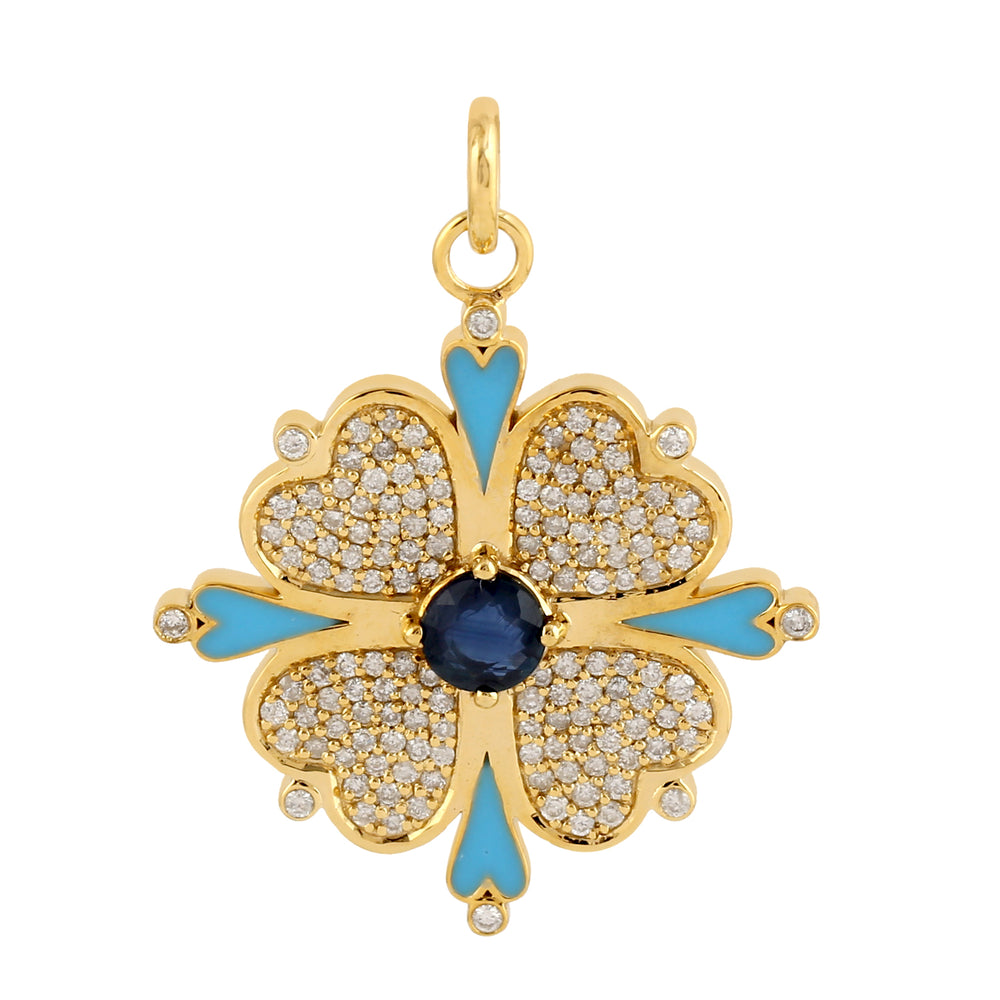 Blue Sapphire Pave Diamond Enamel Heart & Clover Pendant In 14k Yellow Gold