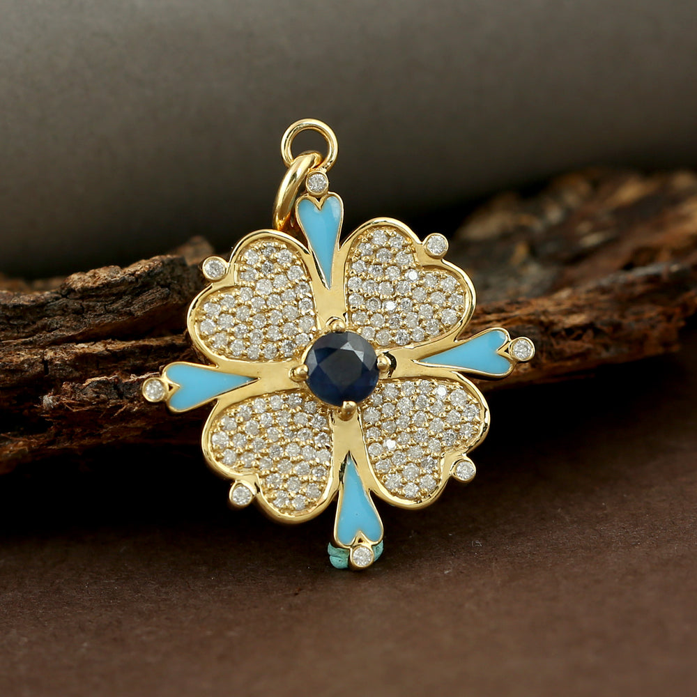 Blue Sapphire Pave Diamond Enamel Heart & Clover Pendant In 14k Yellow Gold