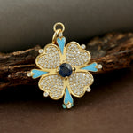 Blue Sapphire Pave Diamond Enamel Heart & Clover Pendant In 14k Yellow Gold