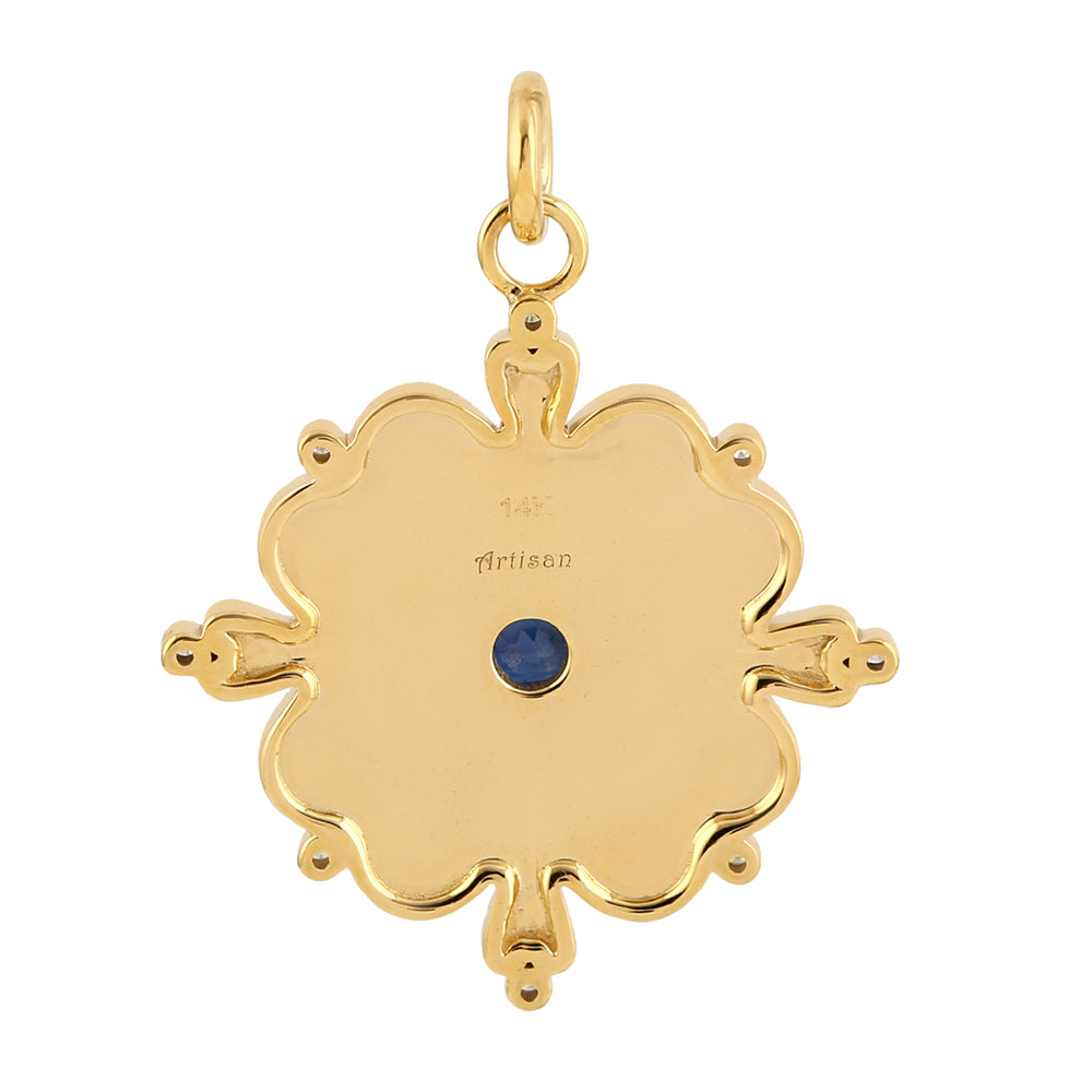 Blue Sapphire Pave Diamond Enamel Heart & Clover Pendant In 14k Yellow Gold