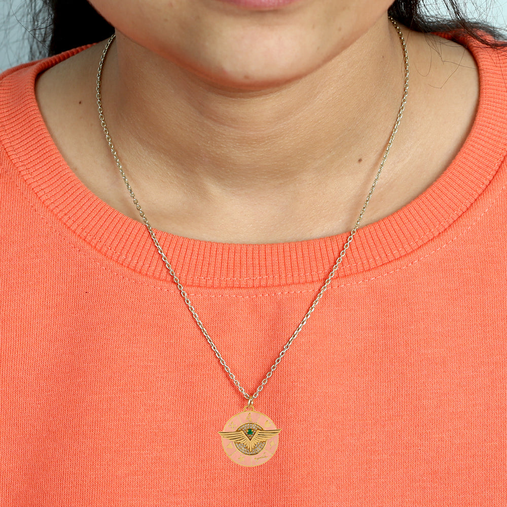 Emerald Pave Diamond Eagle Wings Enamel Pendant In 18k Yellow Gold