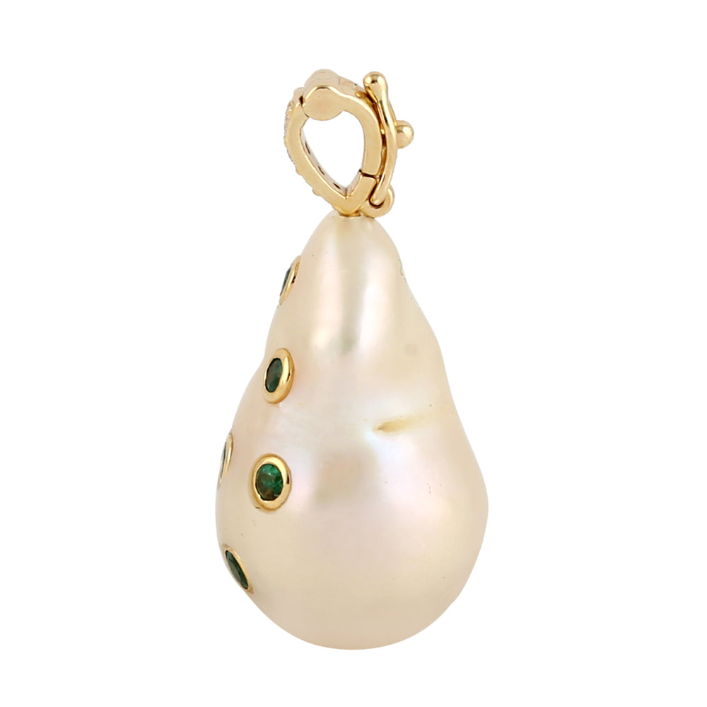 Natural Gemstone Emerald Diamond 14k Soild Yellow Gold Pearl pendant