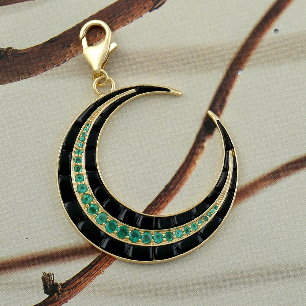 18k Yellow Gold Black Onyx Pave Emerald Crescent Moon Pendant