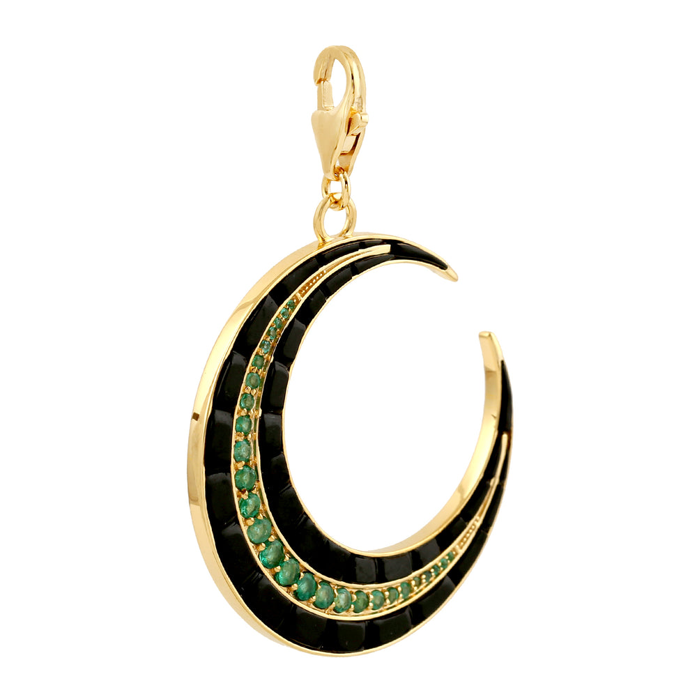 18k Yellow Gold Black Onyx Pave Emerald Crescent Moon Pendant