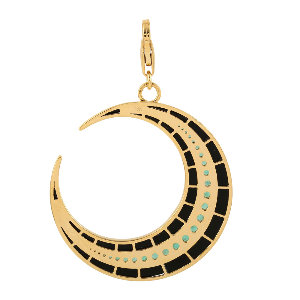 18k Yellow Gold Black Onyx Pave Emerald Crescent Moon Pendant