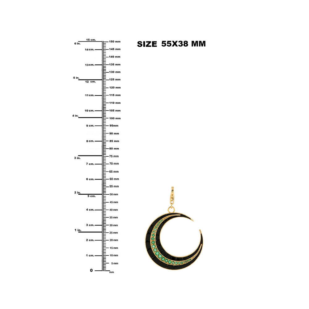 18k Yellow Gold Black Onyx Pave Emerald Crescent Moon Pendant