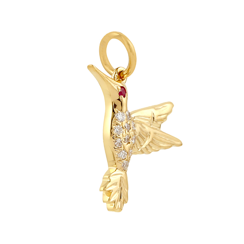 18k Yellow Gold Pave Diamond Ruby Hummingbird Pendant Christmas Gift Jewelry