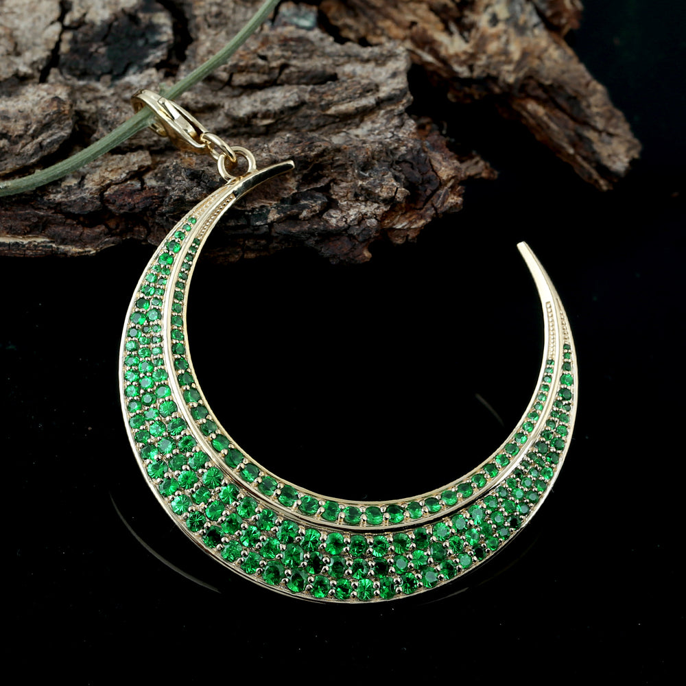 18k Yellow Gold Pave Tsavorite Crescent Moon Designer Pendant For Her