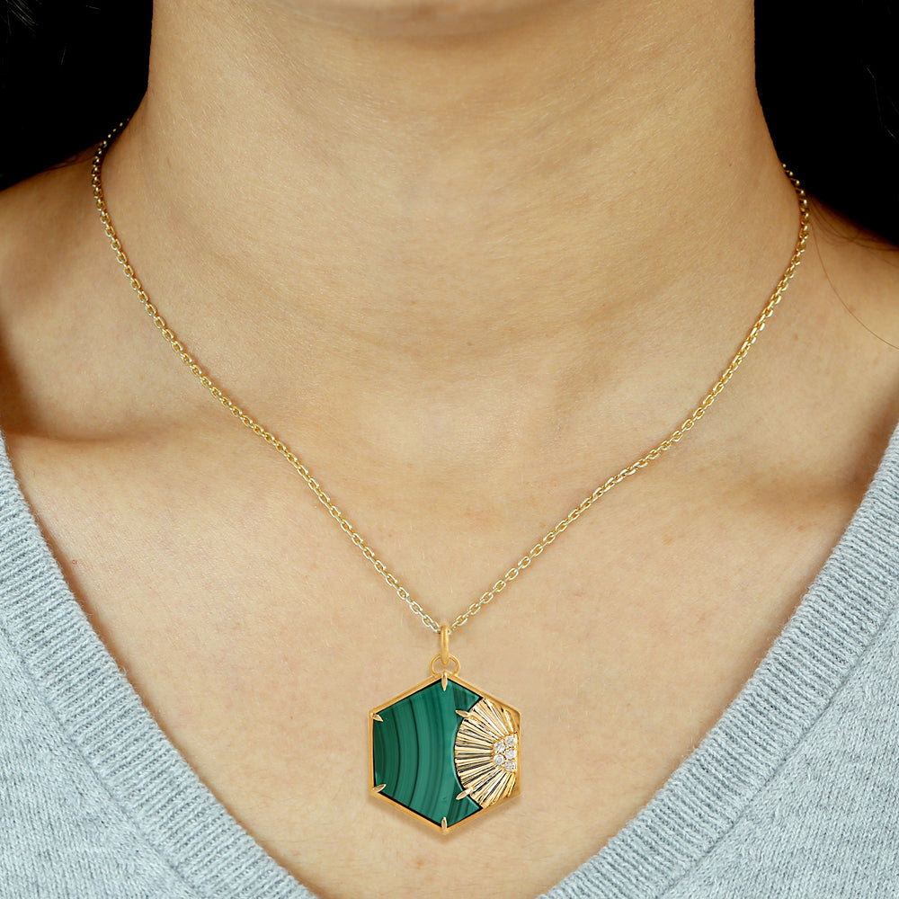 14k Solid Yellow Gold Hexagon Malachite Prong Diamond Unique Pendant For Her