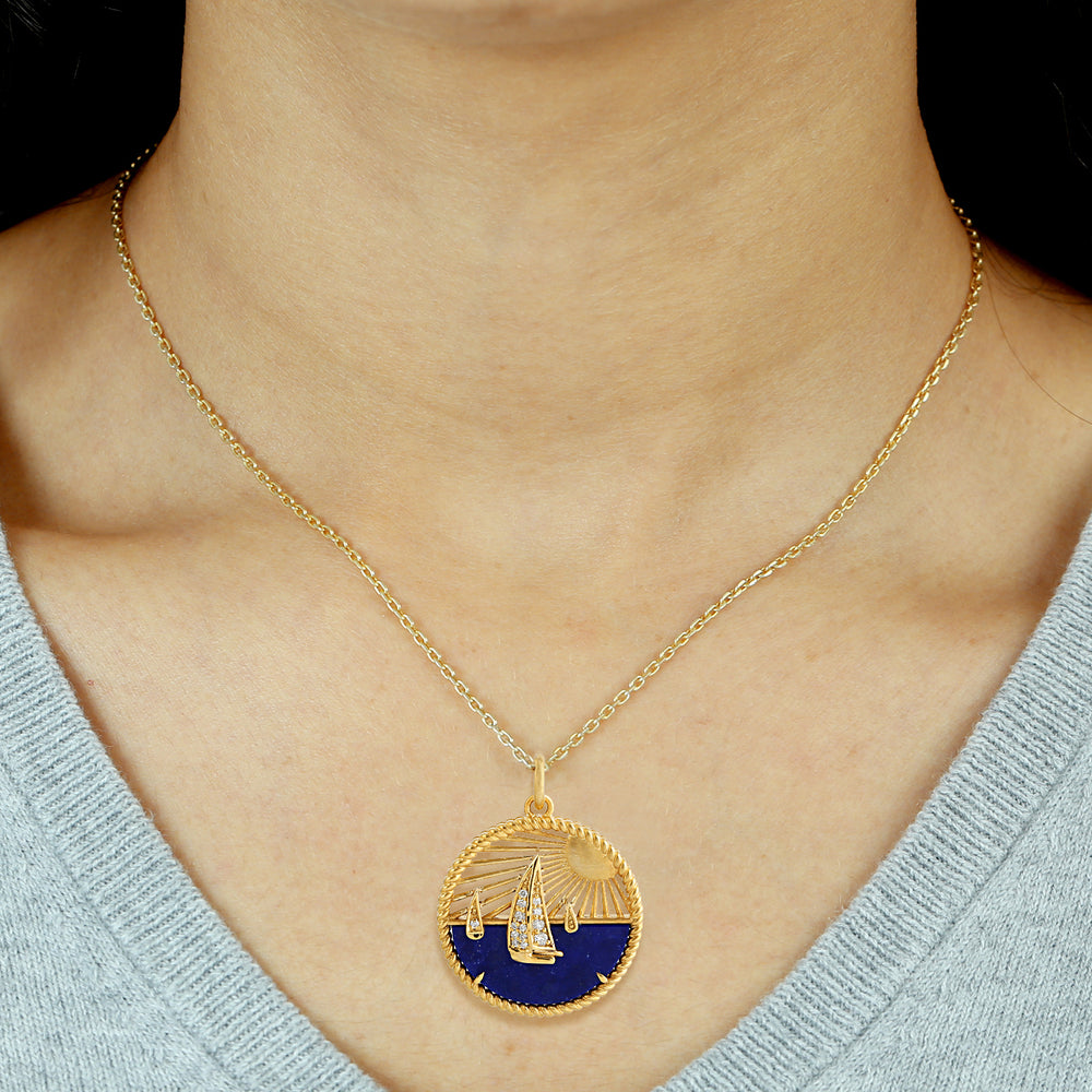Lapis Gemstone Sun & Sailboat Pendant with Pave Diamonds in 14K Yellow Gold