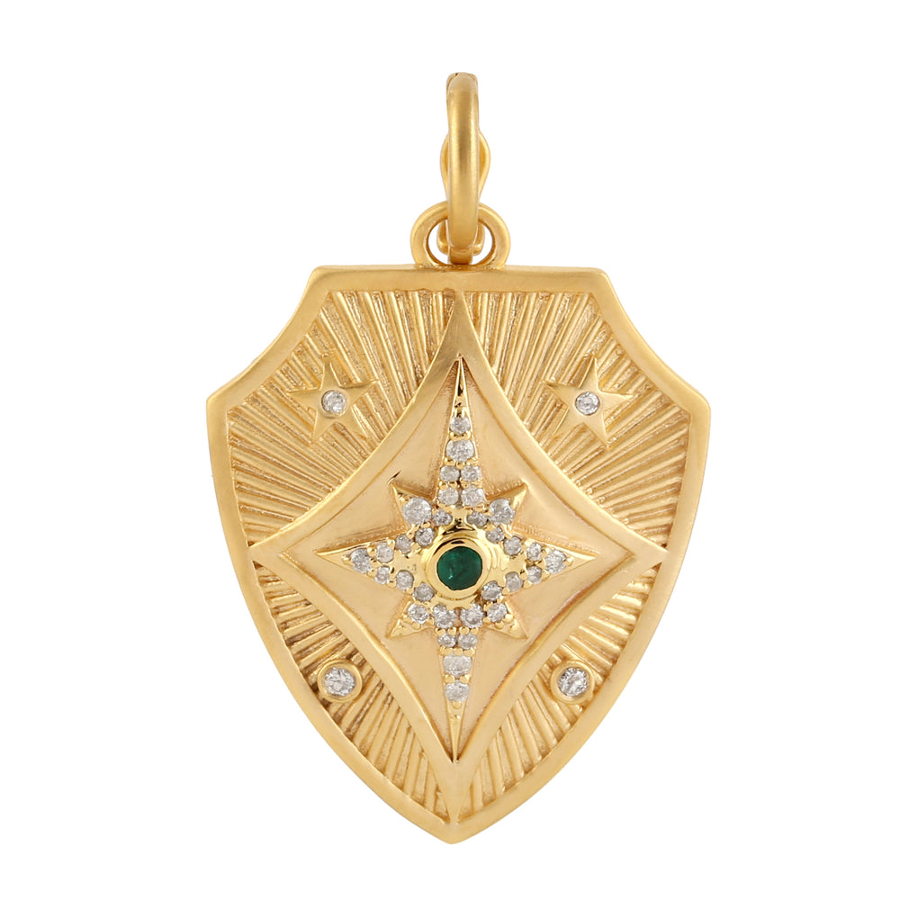 Emerald Pave Diamond Star And Shield Pendant In 14k Yellow Gold