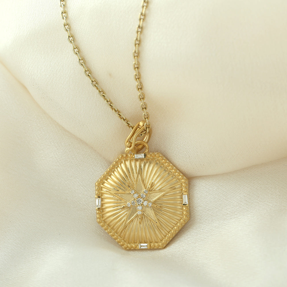 14K Yellow Gold Baguette & Round Diamond Hexagon Star Pendant – Geometric Jewelry for Women