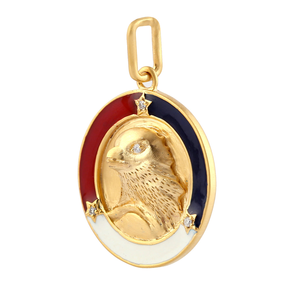 Prong Diamond Eagle Head USA Symbol Enamel Pendant In 14k Yellow Gold