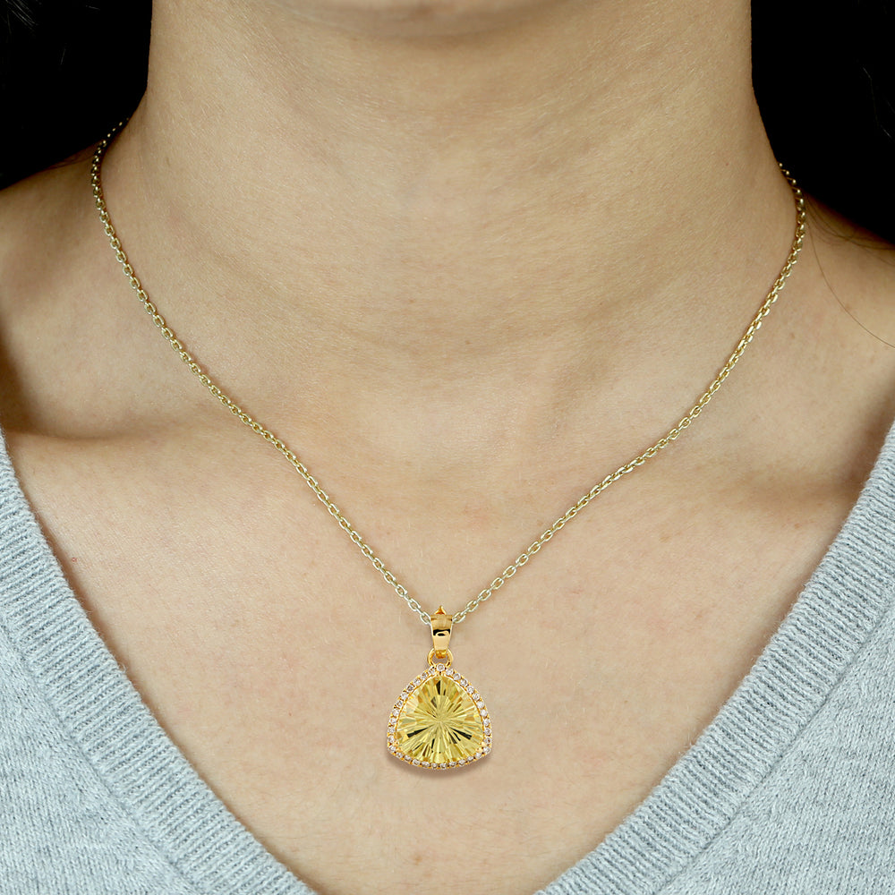18k Yellow Gold Trillion Cut Lemon Quartz Pendant with Pave Diamond Detailing