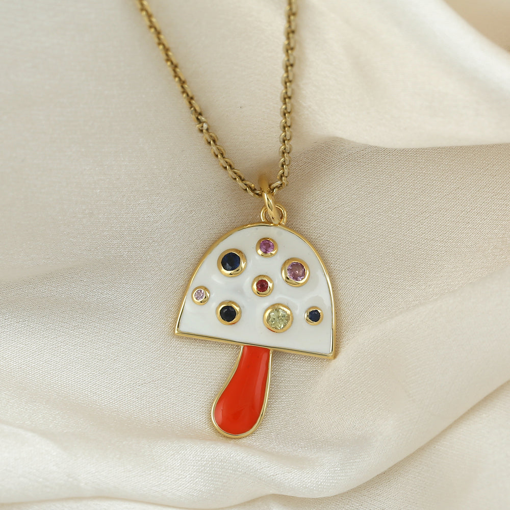 Multicolor Sapphire Enamel Mushroom Pendant in Yellow Gold – September Birthstone Gift Jewelry