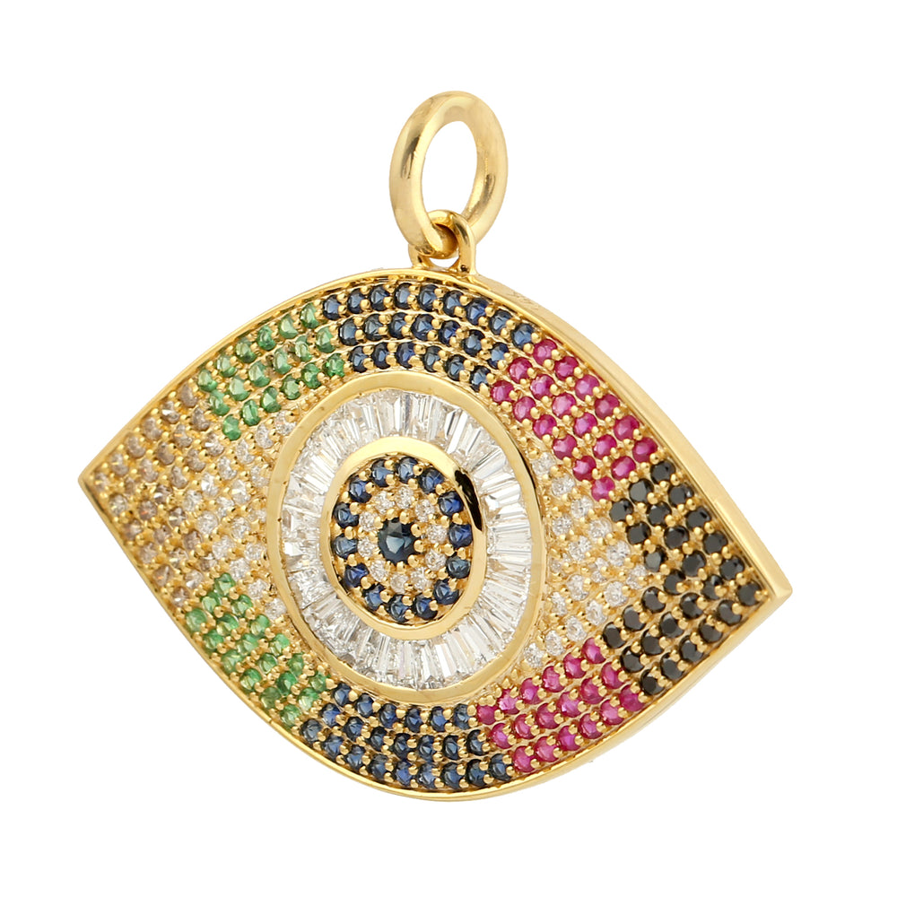 Baguette Diamond Sapphire Ruby Multicolor Evil Eye Charm Pendant In Yellow Gold