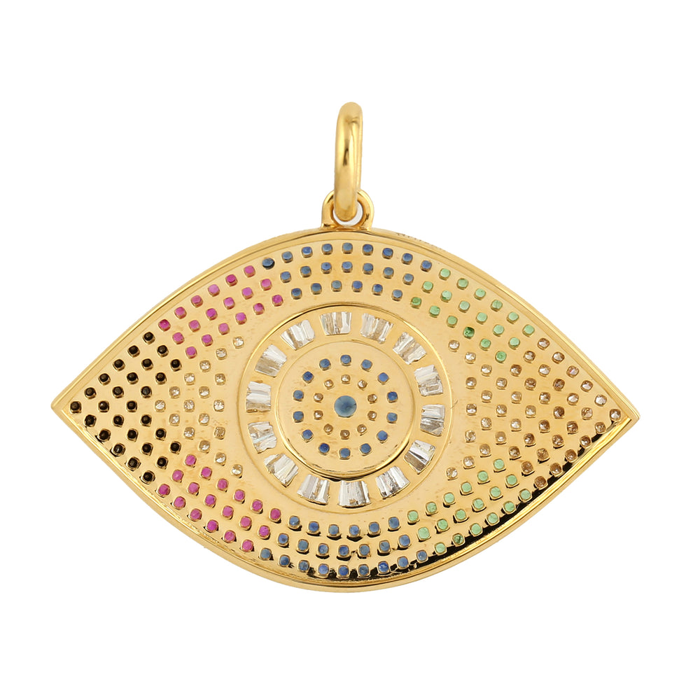 Baguette Diamond Sapphire Ruby Multicolor Evil Eye Charm Pendant In Yellow Gold