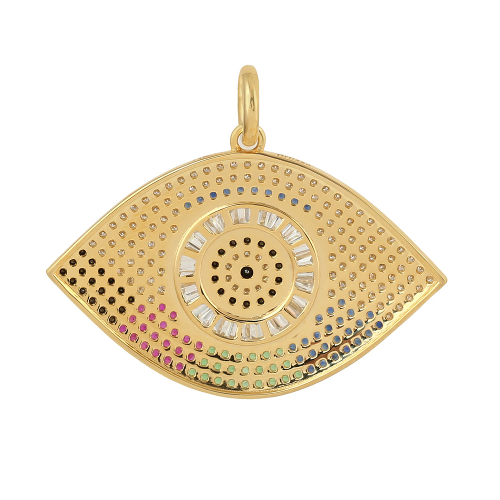 Baguette Diamond Multi Sapphire Gemstone Evil Eye Charm Pendant In 14k Yellow Gold