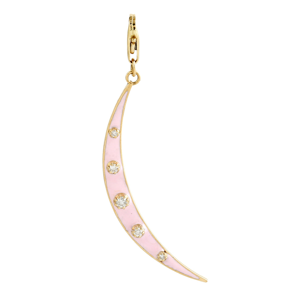 Solid 18K Yellow Gold Prong Diamond Crescent Moon Charm Pendant with Enamel – Celestial Jewelry for Her