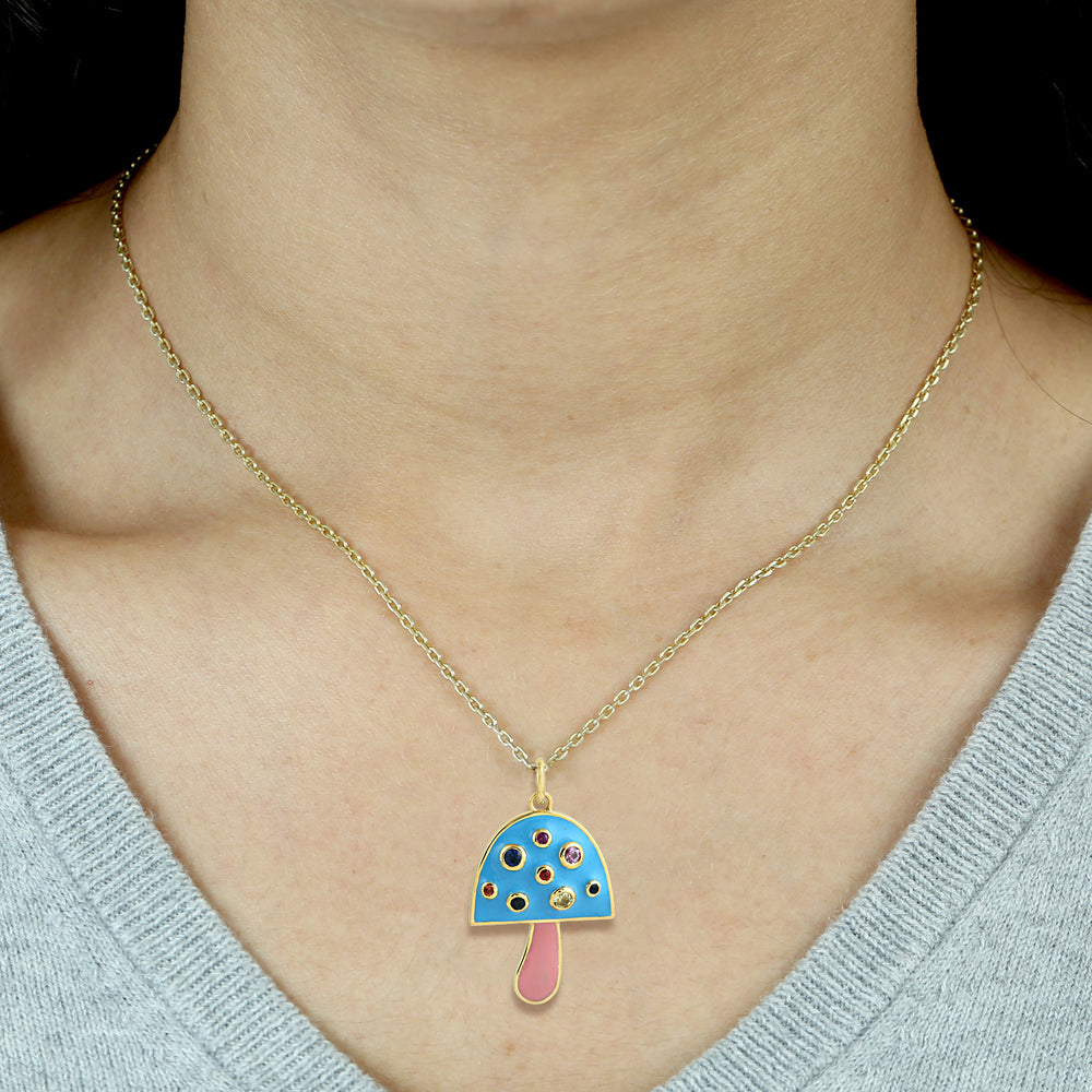 14k Yellow Gold Mushroom Pendant with Bezel Set Multi-Sapphire & Enamel – Whimsical Fine Jewelry Charm