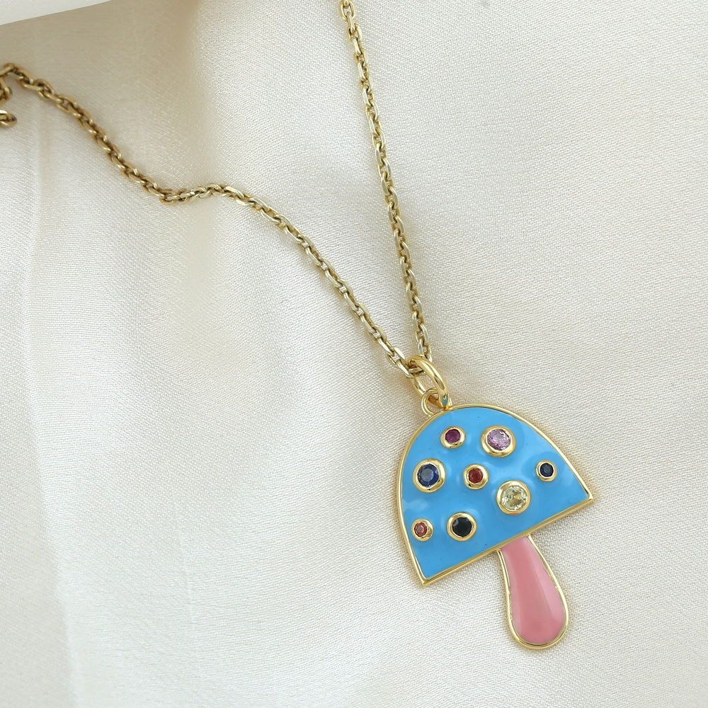 14k Yellow Gold Mushroom Pendant with Bezel Set Multi-Sapphire & Enamel – Whimsical Fine Jewelry Charm