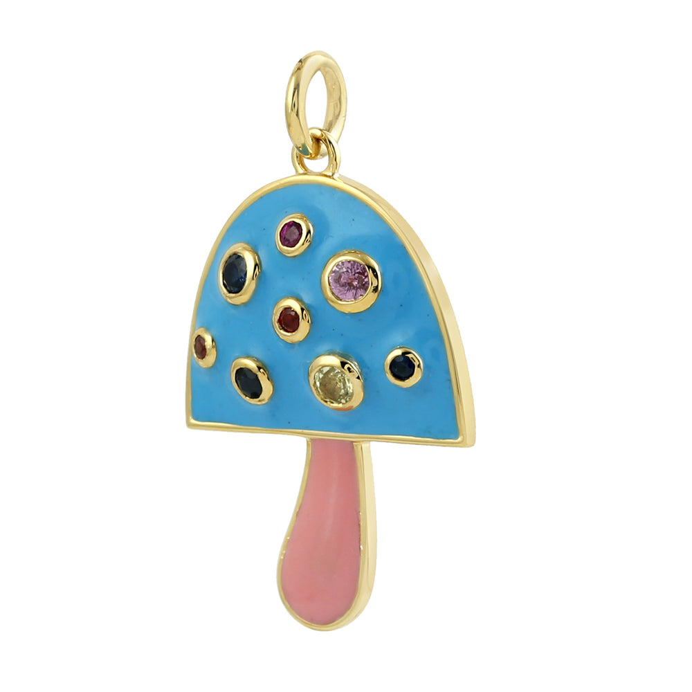 14k Yellow Gold Mushroom Pendant with Bezel Set Multi-Sapphire & Enamel – Whimsical Fine Jewelry Charm