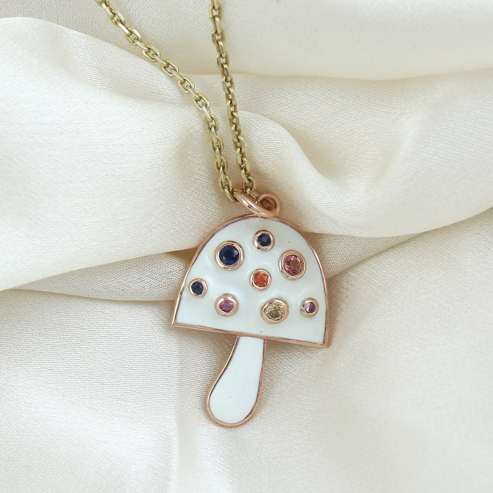 14k Yellow Gold Rainbow Sapphire Mushroom Pendant with Enamel – Bezel Set Whimsical Charm Necklace