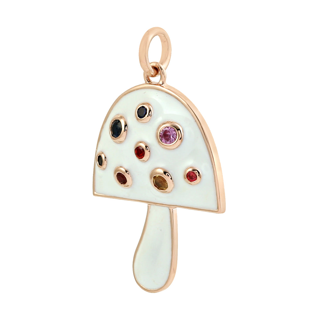 14k Yellow Gold Rainbow Sapphire Mushroom Pendant with Enamel – Bezel Set Whimsical Charm Necklace