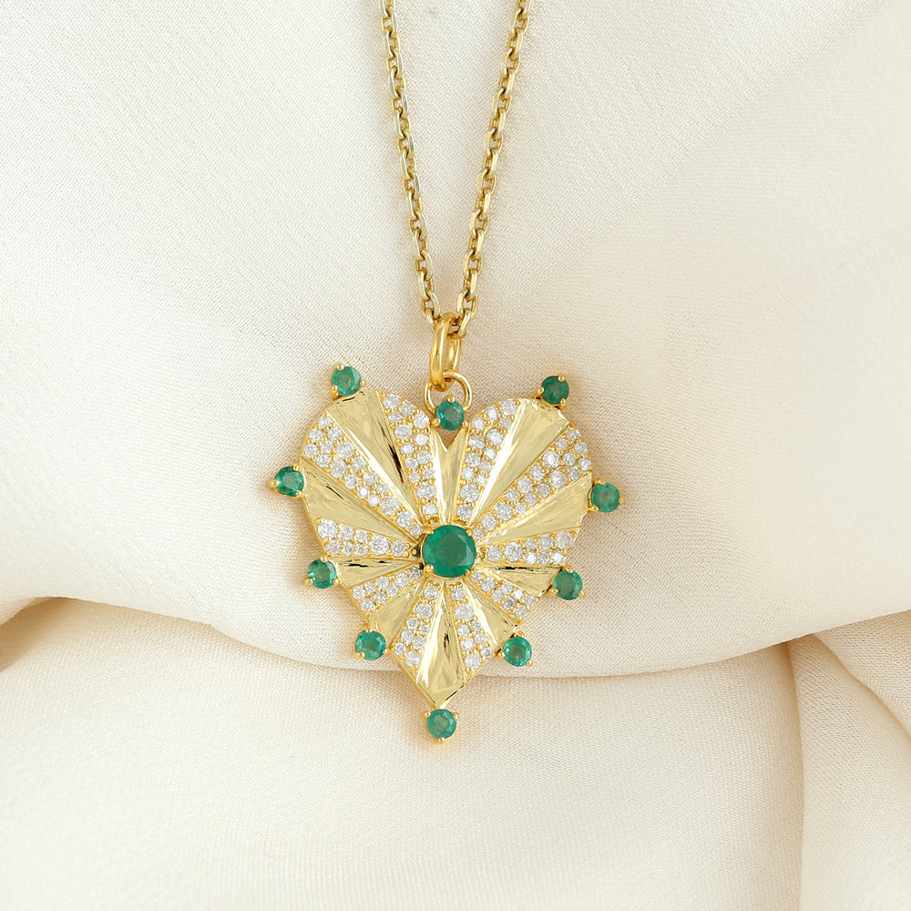 14k Yellow Gold Pave Emerald Gemstone Diamond Heart Pendant