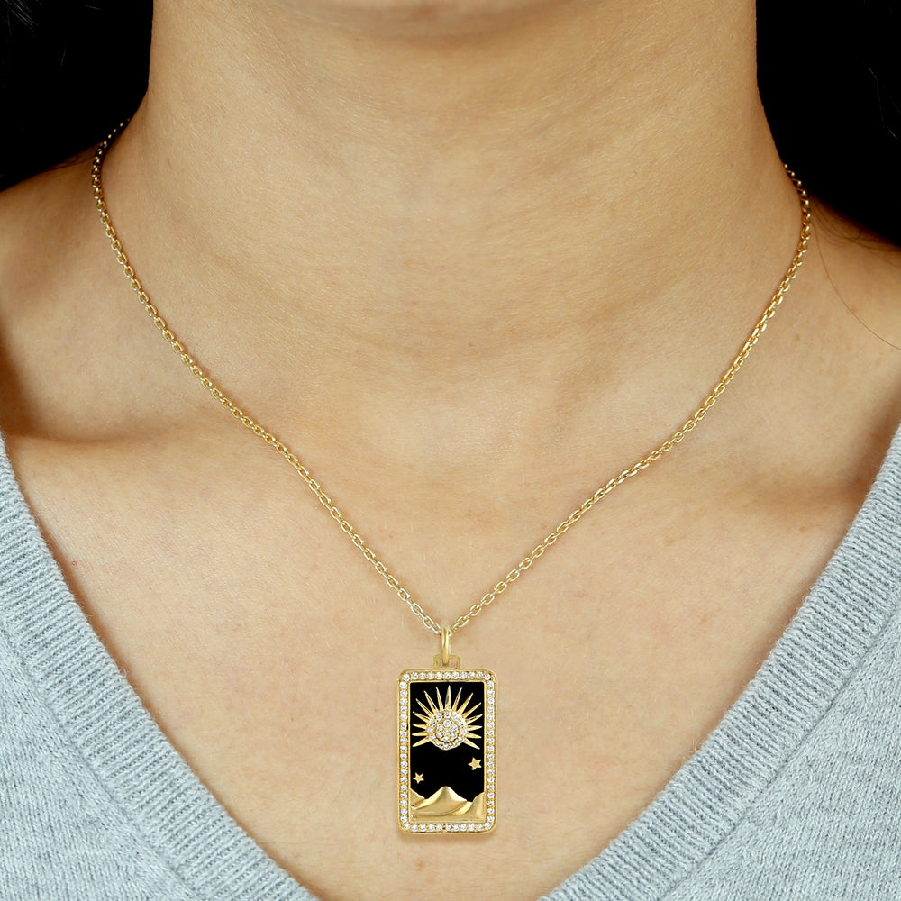 Sun & Desert Design Pave Diamond Tarot Card Enamel Pendant In 14k Yellow Gold
