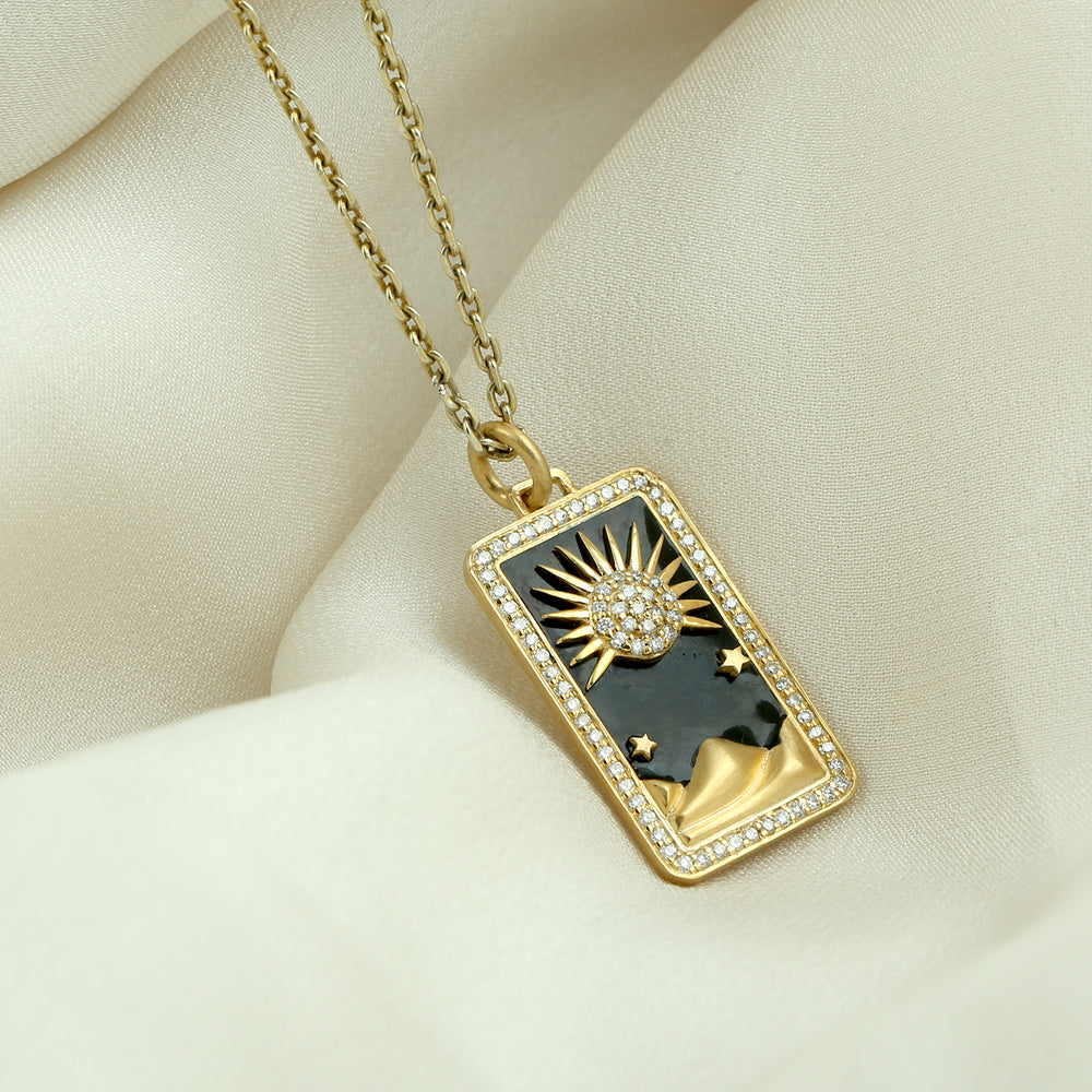 Sun & Desert Design Pave Diamond Tarot Card Enamel Pendant In 14k Yellow Gold