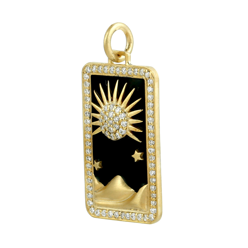 Sun & Desert Design Pave Diamond Tarot Card Enamel Pendant In 14k Yellow Gold