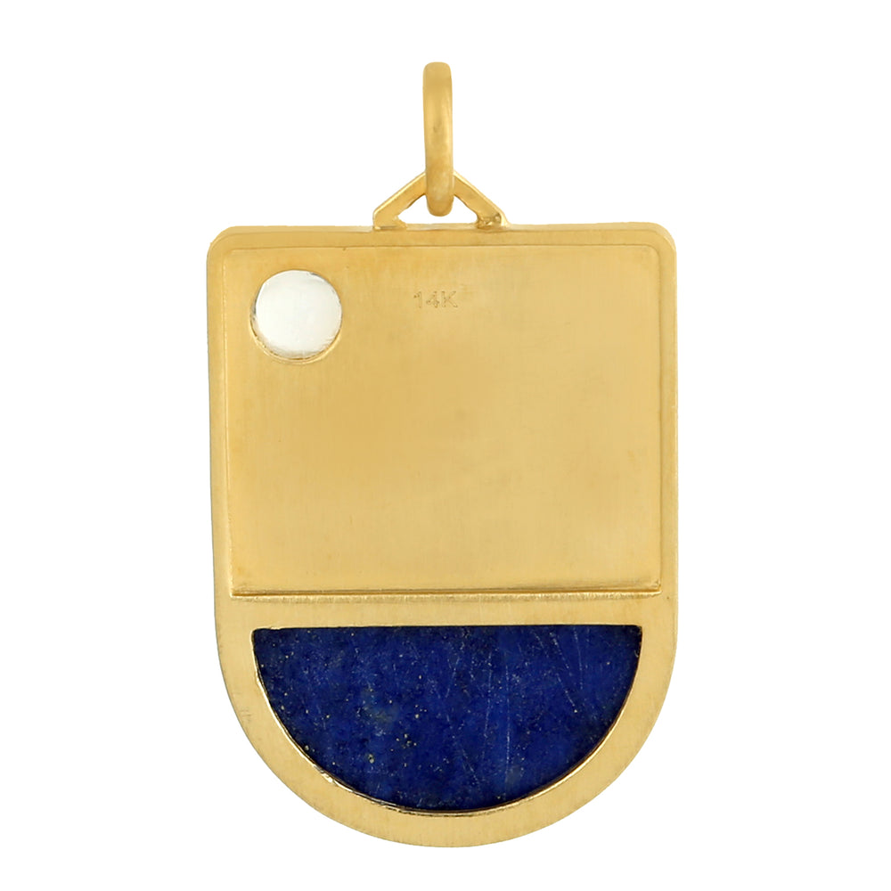 D Cut Lapis Bezel Moonstone Prong Diamond Sun Star Pendant In 14k Yellow Gold