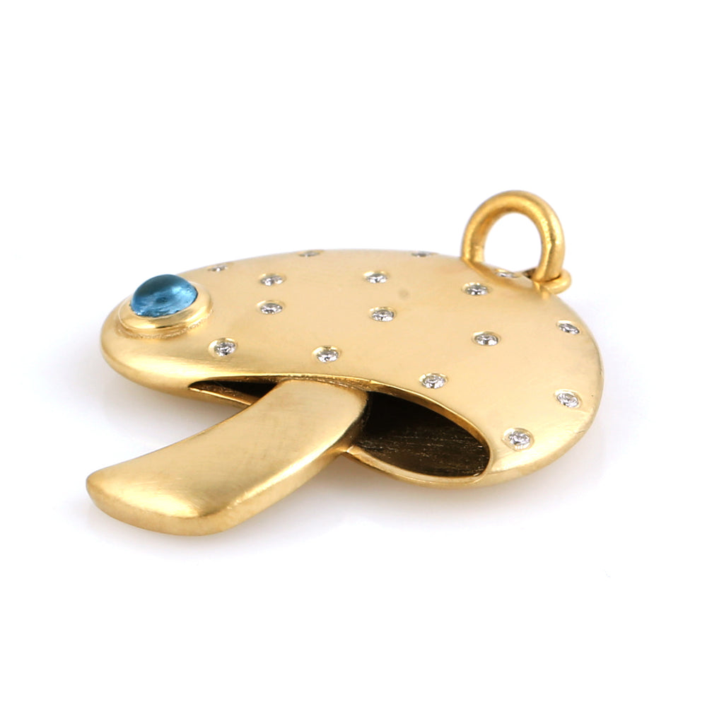 Blue Topaz Bezel Diamond Mushroom Pendant In 14K Yellow Gold For Gift