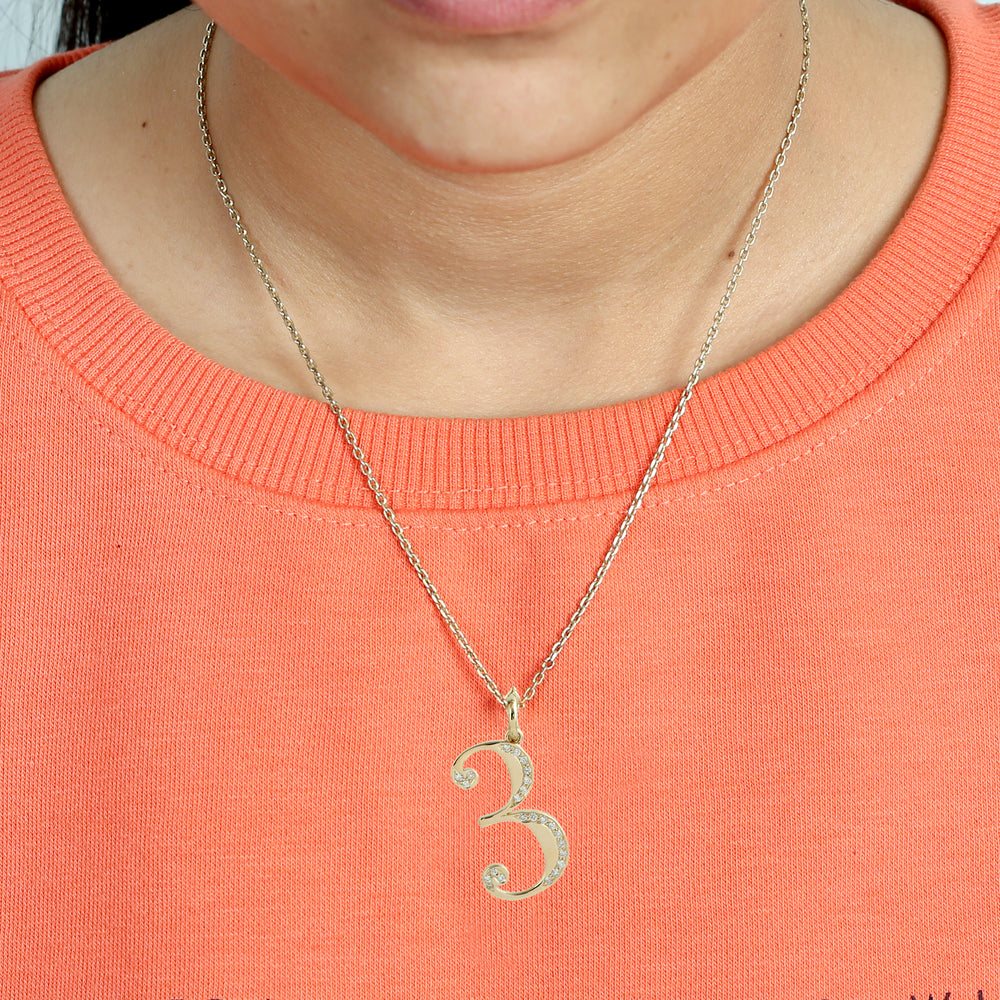 Pave Diamond "3" Numeric Initials Pendant Jewelry In 14k Yellow Gold