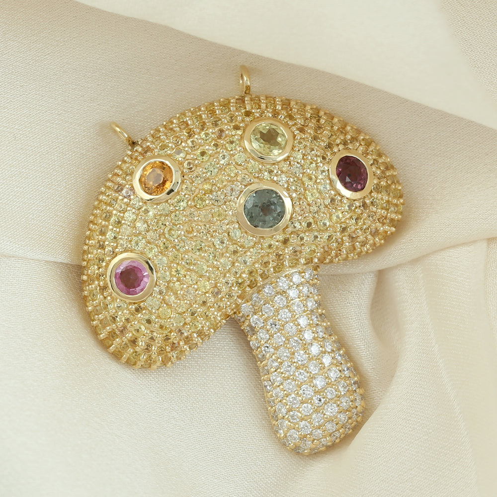 14k Yellow Gold Bezel Multi Sapphire Pave Diamond Mushroom Pendant For Gift