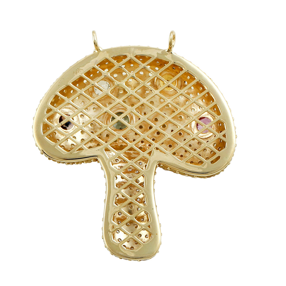 14k Yellow Gold Bezel Multi Sapphire Pave Diamond Mushroom Pendant For Gift